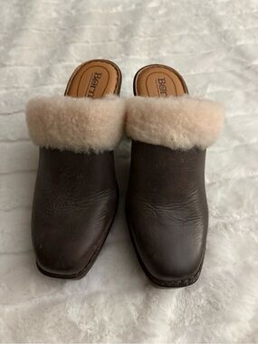 Born Brown Leather Shearling Clog Mules with Cream Fur Trim, SZ- 9